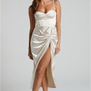 NWT Showpo Cream Midi Knot Front Split Corset Dress